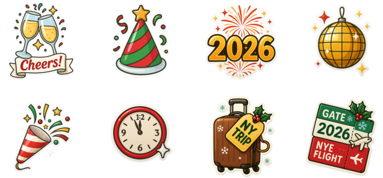 New Year 2026 celebration stickers — cheers glasses, party hat, fireworks 2026, disco ball, confetti popper, midnight clock, suitcase NY trip, boarding pass gate — PNG transparent