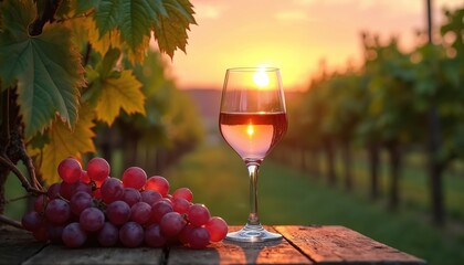 Wine glass with red grapes stands on table in vineyard against sunset. Romantic light flares in winery at golden hour. Wine tasting concept. Scenic shot of wineglass at vineyard
