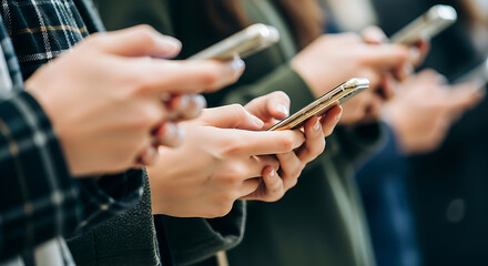 Close-up view of several individuals using smartphones, highlighting the prevalence of mobile technology in daily life and communication
