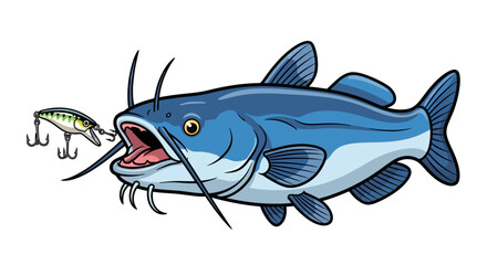 Cartoon Catfish Going After Hook and Line Fishing Lure Bait With Open Mouth