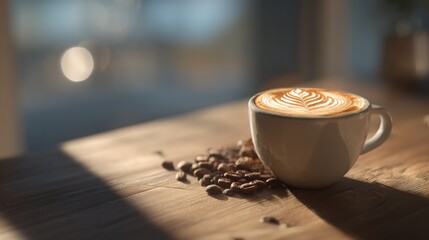 Aromatic cappuccino art on a wooden table in soft morning sunlight ambiance