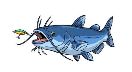 Illustration of a catfish with a fishing lure caught on its mouth