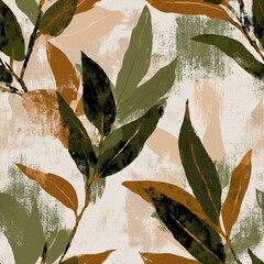 Naklejka premium Abstract watercolor painting inspired seamless pattern with leafy botanical elements and brush strokes. Perfect for print, textile, or wallpaper application.