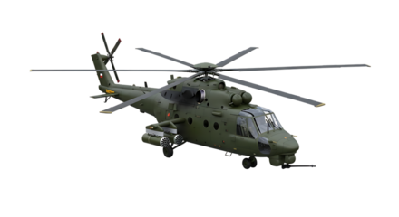 Military attack helicopter with rotor blades and mounted weaponry, isolated on a white or transparent background, cutout, PNG