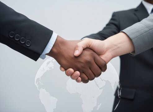 Close-up of diverse business people shaking hands over subtle global map background, symbolizing international partnership and agreement - Powered by Adobe