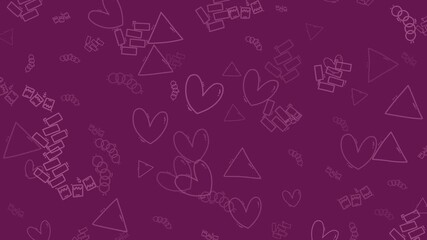 A charming, hand-drawn seamless pattern with whimsical elements like hearts, triangles, and circles on a rich purple background - Powered by Adobe