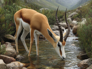 Springbok antelope drinking refreshing water from a mountain stream