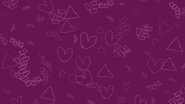 A charming, hand-drawn seamless pattern with whimsical elements like hearts, triangles, and circles on a rich purple background