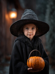 Young girl wearing witch costume holding halloween pumpkin bucket