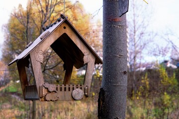 ​​rustic carved wooden bird feeder hanging from a bare tree trunk in an autumnal park or forest designed to look like a small house