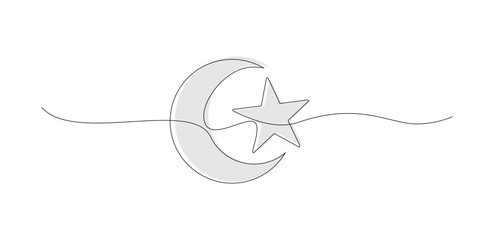 Continuous Line Art of Crescent Moon and Star, Islamic Symbolism