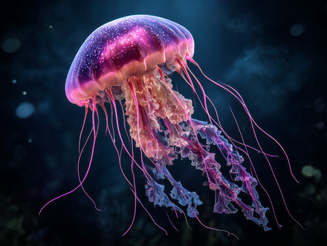 Pink purple glowing jellyfish swimming deep underwater - Powered by Adobe