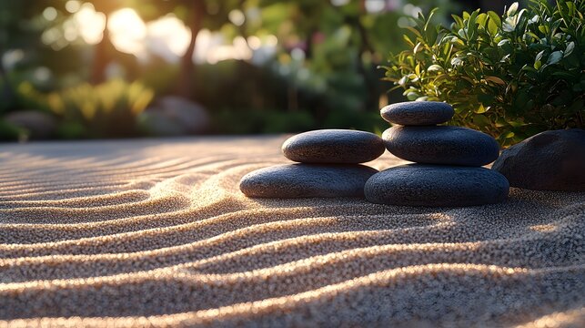 Serene zen garden featuring raked sand, balanced stones, and lush greenery bathed in warm light. Ideal for promoting mindfulness and relaxation. Abstract Trend Background