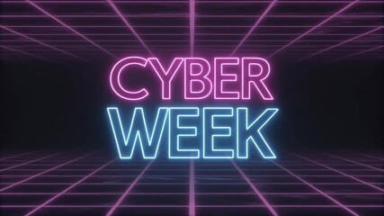 Futuristic "cyber week" text, sale promotion with glowing neon sign, MP$ video. AI - Powered by Adobe