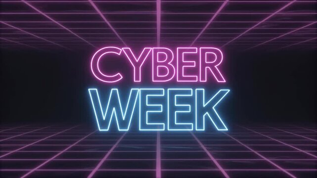 Futuristic "cyber week" text, sale promotion with glowing neon sign, MP$ video. AI