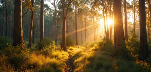 Golden sunbeams pierce tall gum trees in Australian forest. Lush green foliage and grass line a winding dirt path. Warm light bathes the landscape creating a tranquil scene.
