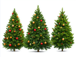 Fototapeta premium Three decorated christmas trees standing isolated on white