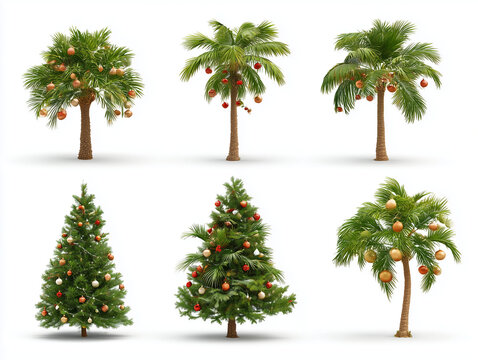 Christmas trees and decorated palm trees on white