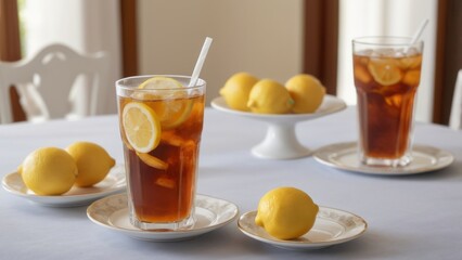 Glass of iced lemon tea and whole lemons on the table








 