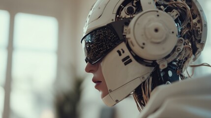 Futuristic portrait of a cyborg woman with advanced technology helmet