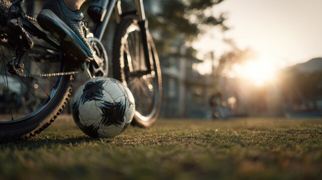 Summer activity, combining cycling adventure with a football game in nature