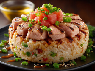 Seared tuna and rice cake poke style dish