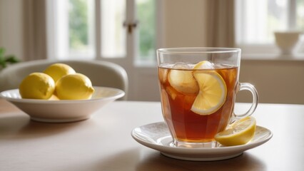 Cold citrus iced tea with lemons in bright home kitchen