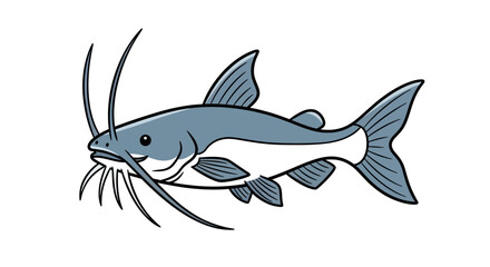 A stylized illustration of a grey catfish with prominent whiskers, swimming in clear water