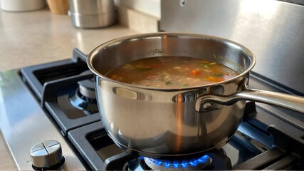 Cooking pot with boiling soup and steam on gas stove, real kitchen scene