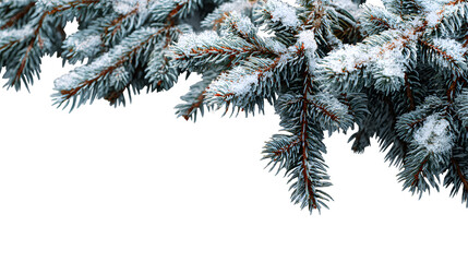 Snowy spruce branches forming a frosty winter composition on transparent background