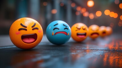 Emotional 3D emoji spheres are lined up on a sleek surface, expressing diverse feelings. The rendering style creates a sense of depth and realism, adding visual interest to the composition.