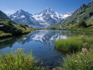 Mountain lake reflecting snow-capped peaks and blue sky
