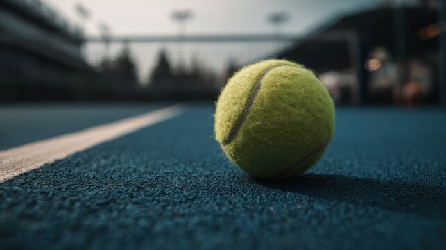 A close-up shot of a tennis ball lying on a blue hard tennis court