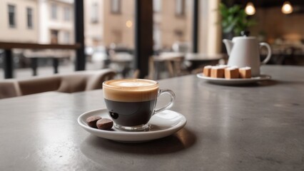 Hot coffee and truffles served on modern coffee shop counter