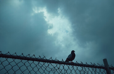 Bird sits atop a chain link fence against a dramatic cloudy sky. A solitary pigeon rests on the metal barrier. Cloudy weather and nature theme.