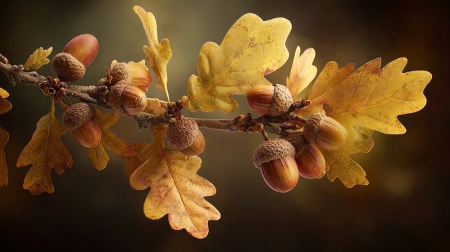 Autumn's golden glow: the majestic oak revealed. Clean retouch. A radiant close-up of oak leaves and acorns in autumn's glorious sunlight. Glamour photo. Product showcase.
