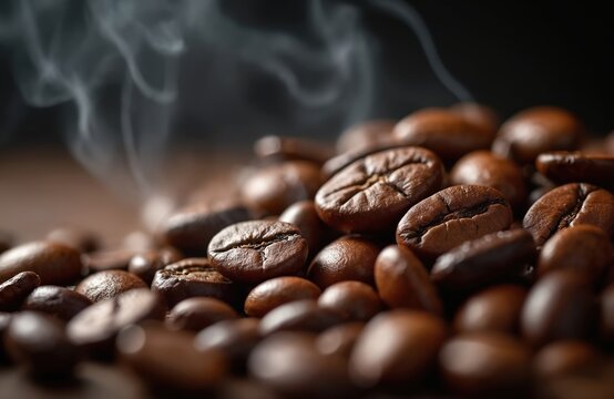 Close up photo shows freshly roasted coffee beans. Steam rises from the coffee beans. Aroma, texture and quality are clearly visible. Black and brown colors prevail in image - Powered by Adobe