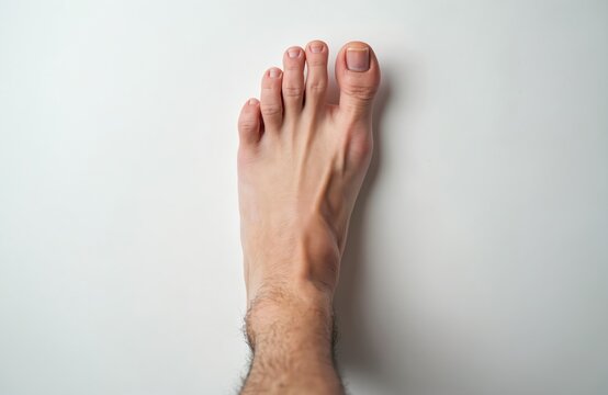 Male bare foot seen from above shows anatomical variation. Second toe noticeably shorter than big toe, third toe. Foot displays medical condition on white background, genetic developmental difference.