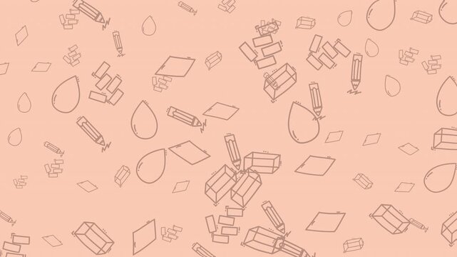 A light peach-colored seamless pattern featuring hand-drawn geometric shapes like pencils, teardrops, bricks, and 3D shapes