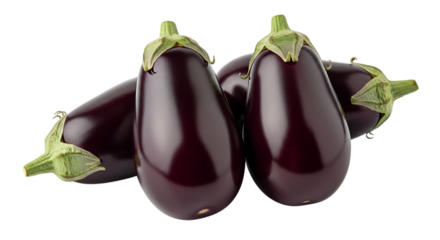 Group of ripe dark purple eggplants with green stems and calyxes, isolated on a white or transparent background, cutout, PNG