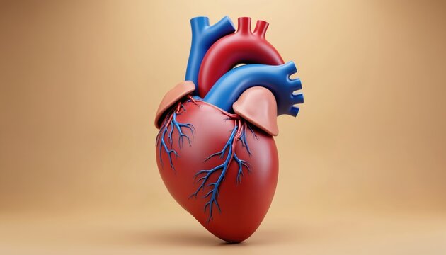 3D human heart anatomy model shows red chambers and blue vessels. Organ for medical science education and cardiology research. Clean illustration background for healthcare.