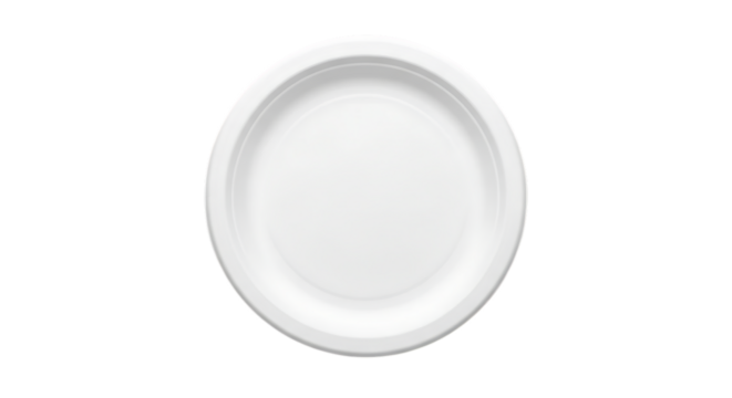 White disposable paper plate with a subtle rim detail, isolated on a white or transparent background, cutout, PNG