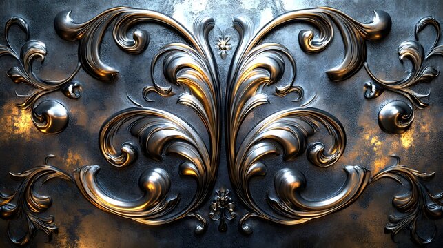 Detailed artwork showcasing symmetrical floral and baroque style metal filigree against a textured background. Ornate, flowing lines create an elegant and decorative embossed pattern design element.