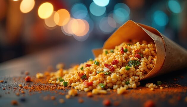 Bhel puri is famous indian snack. Puffed rice served in paper cone. This food contains vegetables, herbs and spices. It is delicious, aromatic and colorful. Street food with bokeh lights.