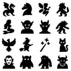 Obraz premium Magical Icon Set: An enchanting collection of mystical creature icons, ideal for storytelling, fantasy themes, or graphic designs. The set includes a diverse array of mythical beings.
