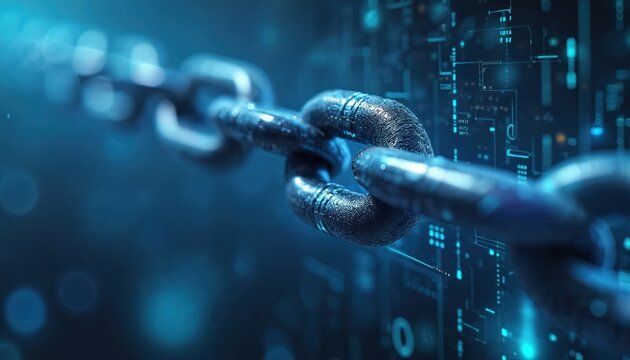 Close up view of digital chain links against circuit board pattern. Concepts for crypto currency, cyber security, secure data transfer, and network connection. - Powered by Adobe
