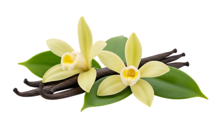 Two delicate pale yellow vanilla orchids with green leaves and dark brown vanilla beans, isolated on a white or transparent background, cutout, PNG