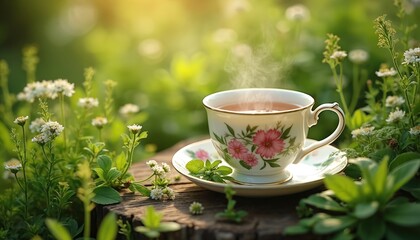 Steaming herbal tea cup with floral design on a wooden surface. Fresh mint leaves and green plants around. Outdoor spring scene with sunlight perfect for wellness blogs or tea brands.