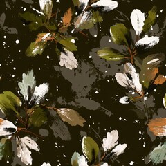 Naklejka premium Abstract autumn leaves seamless pattern background in brush stroke texture. Botanical wallpaper design with falling foliage. Graphic print for textile.