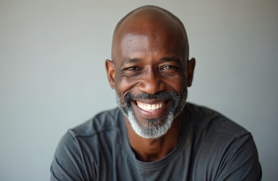 Mature Black man smiles broadly at camera. He has bald head, salt, pepper beard, wears casual grey t-shirt. His happy, friendly face radiates warmth, showing confidence, approachability for business.